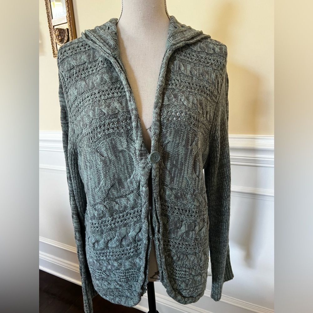Hooded Cable-Knit Sweater Cardigan - Sage Green
